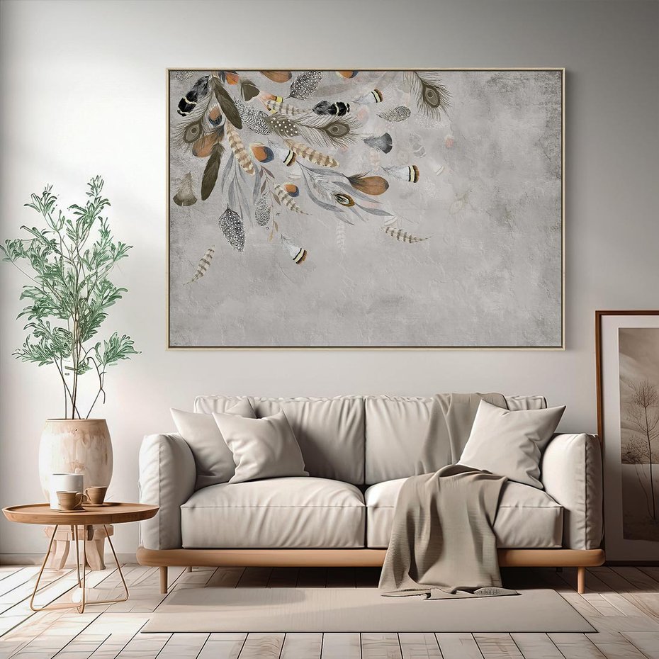 Obraz w ramie 120x80 - Sploty losu na płótnie - kompozycja boho piór, indiańskie pióra - rama drewno