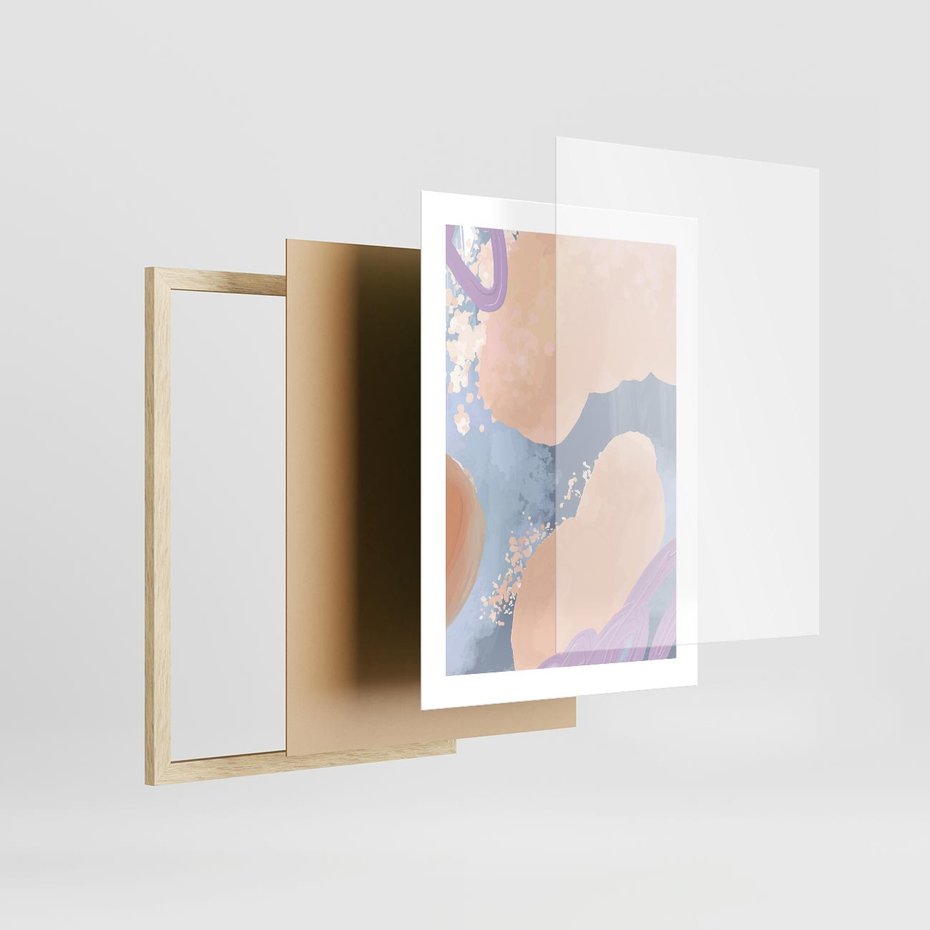 Plakat w ramie 30x40 - Przenikanie Niecodziennych Form - abstrakcyjne akwarelowe plamy, pastele - rama drewno