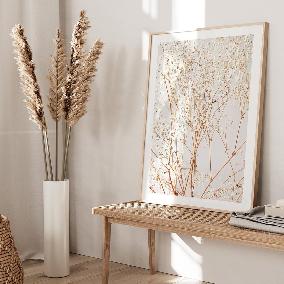 Plakat w ramie 30x40 - Minimalistyczna Delikatność - białe kwiaty, gipsówka - rama drewno