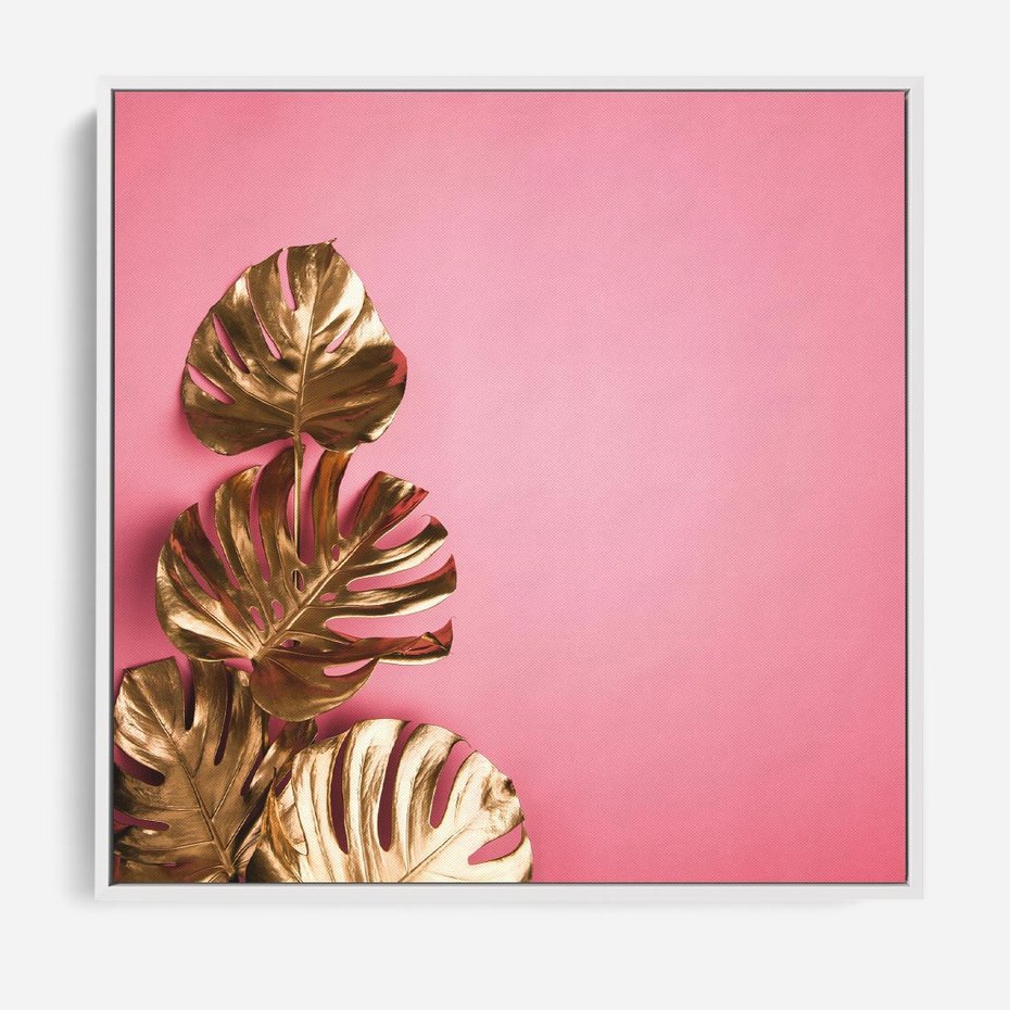 Obraz w ramie 80x80 - Luksusowa Elegancja - złote, liście - rama biała