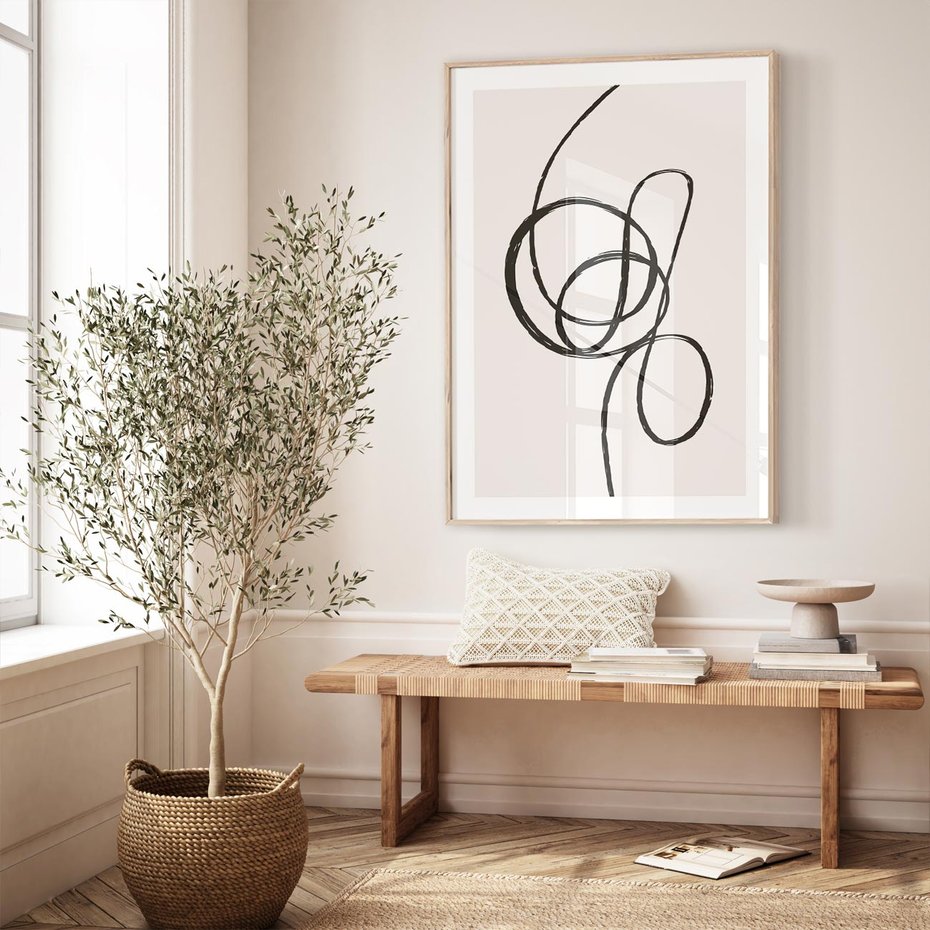 Plakat w ramie 30x40 - Migotliwa Kreatywność - abstrakcyjne szkicowane linie, minimalizm - rama drewno