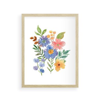 Plakat w ramie 30x40 - Kwiatowe Opowieści - akwarelowe polne kwiaty, minimalistyczna sztuka - rama drewno