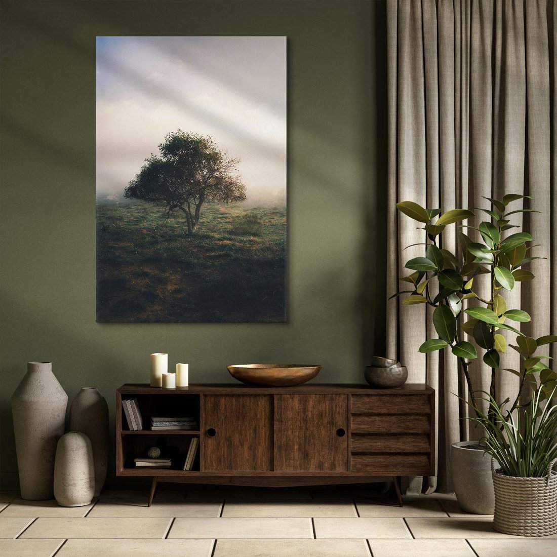 Obraz na płótnie 70x100 - Zamglona Prostota - artystyczna fotografia, samotne drzewo na zamglonej łące