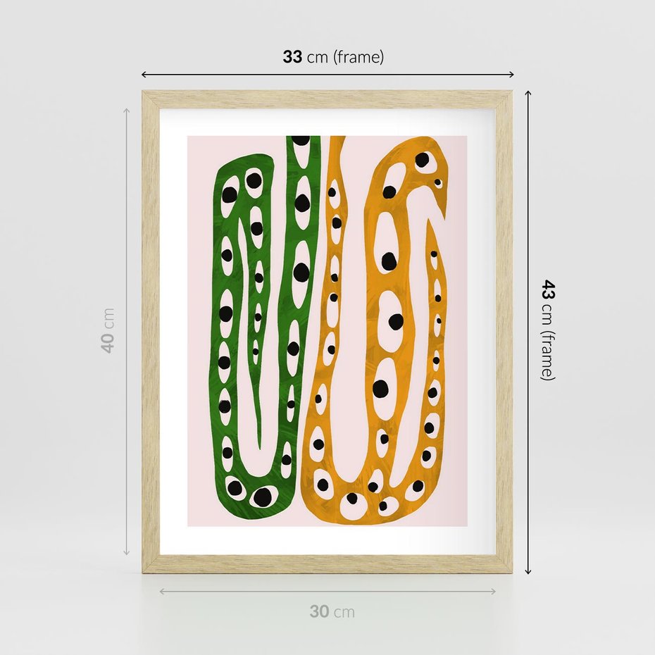 Plakat w ramie 30x40 - Migocące Zmaganie - abstrakcyjny obraz, dziwne kształty - rama drewno