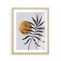 Plakat w ramie 40x50 - Grafika z Czarnym Liściem Palmy - czarny liść palmy, złóte kołó - rama drewno