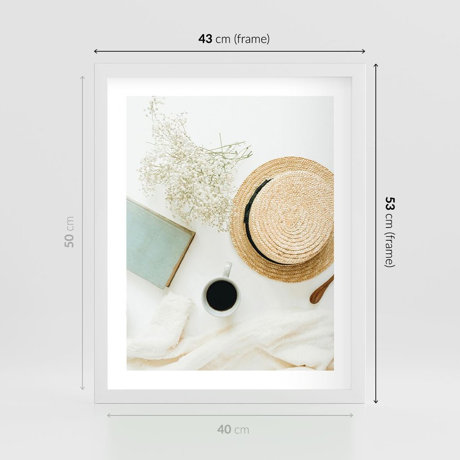 Plakat w ramie 40x50 - Boho Urok - kompozycja boho, slomkowy kapelusz - rama biała