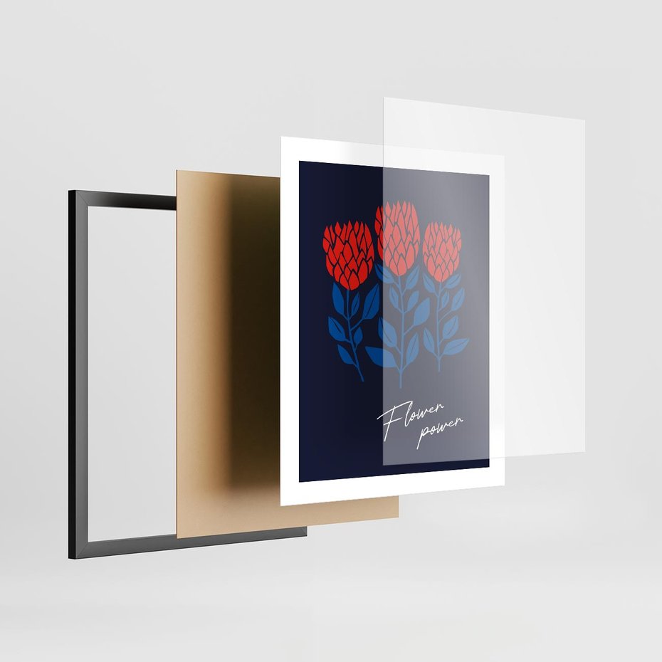 Plakat w ramie 40x50 - Podróżne Barwy - czerwone abstrakcyjne kwiaty, granatowe tło - rama czarna