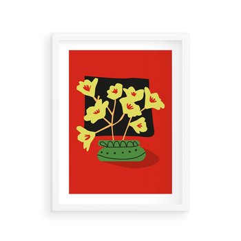 Plakat w ramie 30x40 - Abstrakcyjne Przenikanie - abstrakcyjne kwiaty, czerwone tło - rama biała