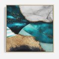 Obraz w ramie 50x50 - Rozlane Turkusy - Turkusowe plamy, złote elementy - rama drewno