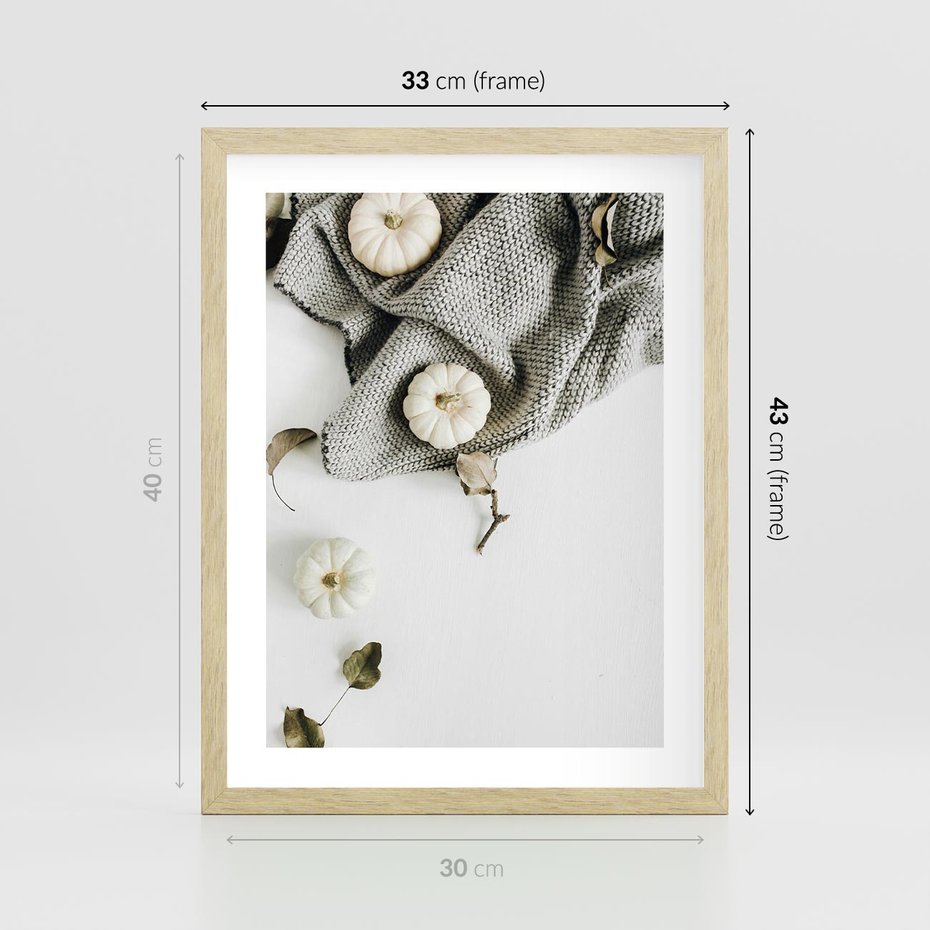 Plakat w ramie 30x40 - Białe Dynie i Przytulny Koc - kompozycja jesienna, białe dynie - rama drewno