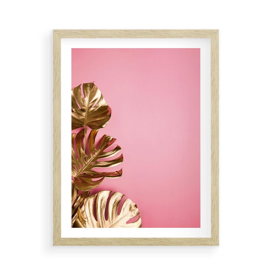 Plakat w ramie 50x70 - Luksusowa Elegancja - złote, liście - rama drewno
