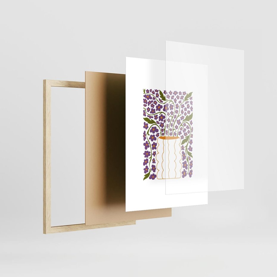 Plakat w ramie 50x70 - Witalność Kwiatów - kwiaty w wazonie, minimalistyczna kompozycja - rama drewno
