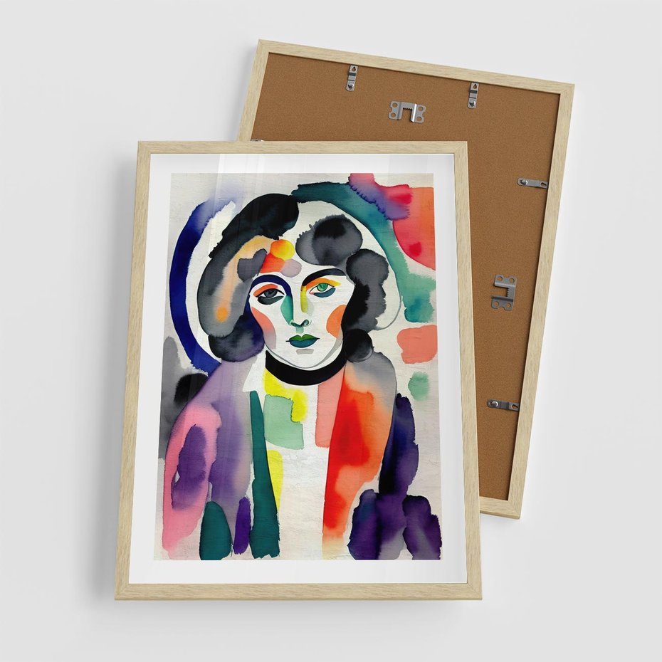 Plakat w ramie 50x70 - Subtelne Akwarelowe Ulotności - abstrakcyjny akwarelowy portret kobiety, rozmyte farby - rama drewno