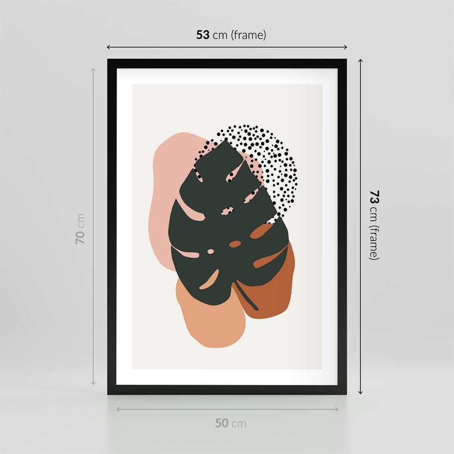Plakat w ramie 50x70 - Minimalizm w Liściach Monstery: Plamy i Kropki - minimalizm, monstera plamy - rama czarna