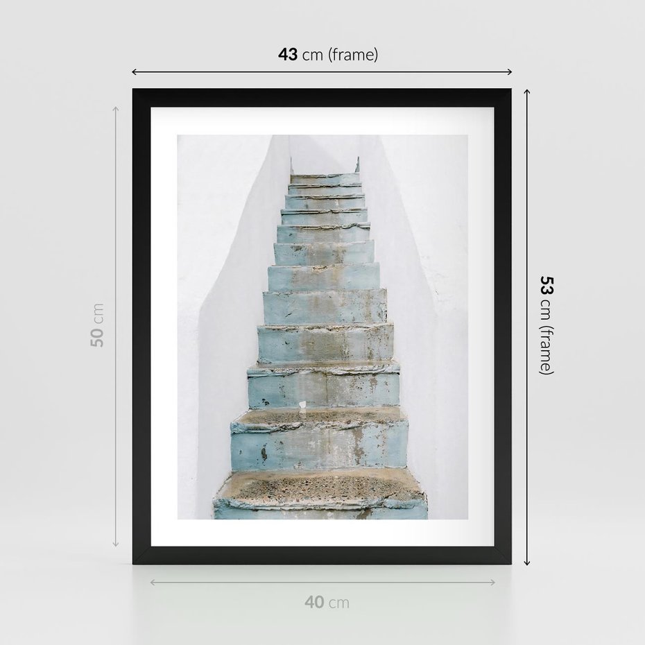 Plakat w ramie 40x50 - Niebieskie Schody Santorini - stare kamienne schody, niebieskie schody - rama czarna