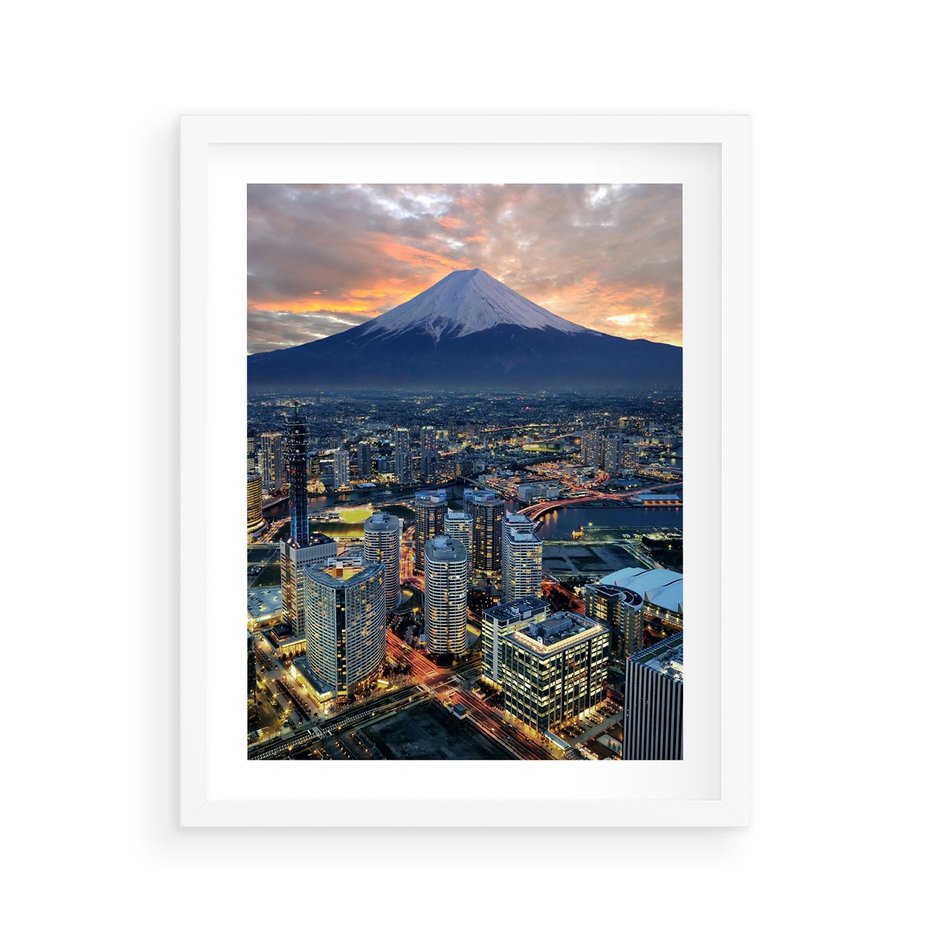 Plakat w ramie 40x50 - Miasto na Górnym Horyzoncie - miasto, góry - rama biała