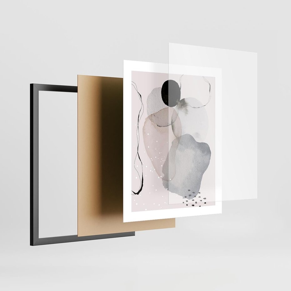 Plakat w ramie 40x50 - Migocące Barwy - abstrakcyjne plamy akwarelowe, czarny szkic - rama czarna