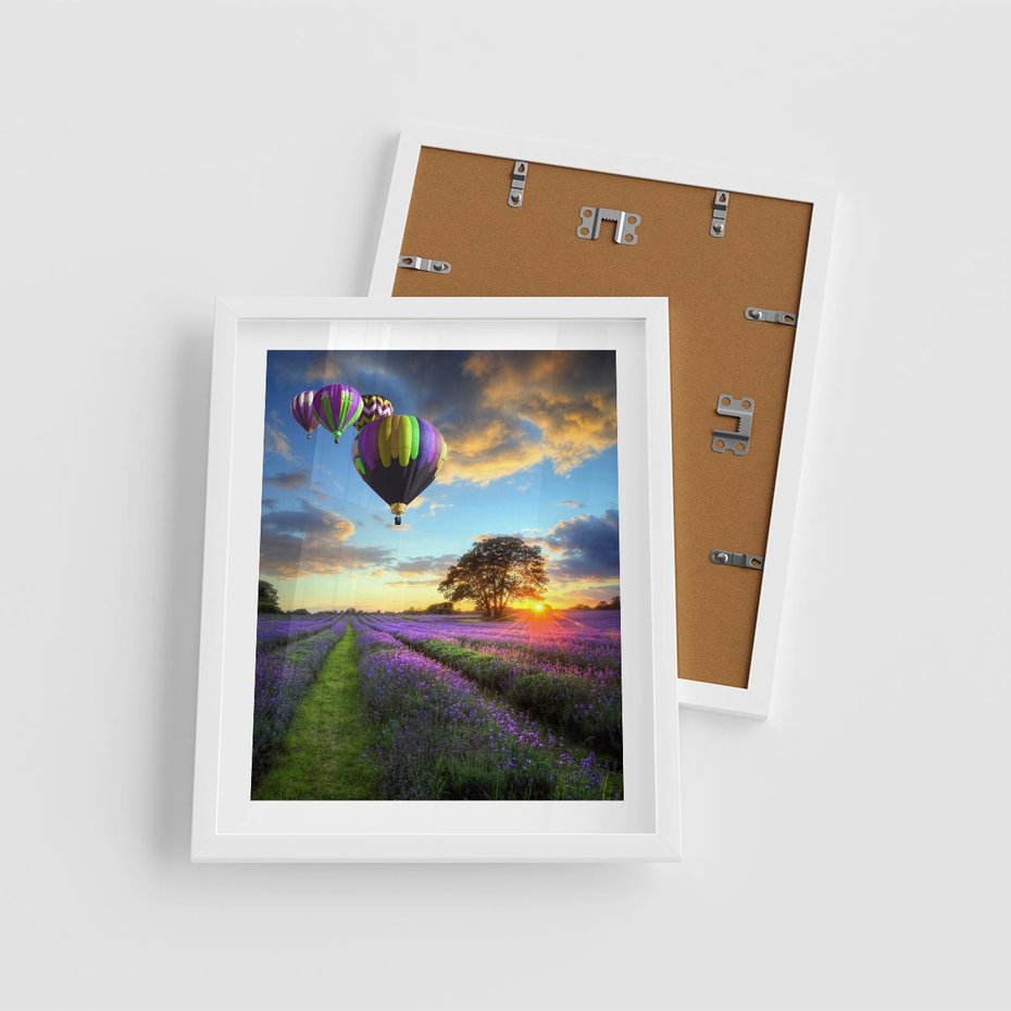 Plakat w ramie 40x50 - Lawendowe Marzenia - lawenda, balony - rama biała