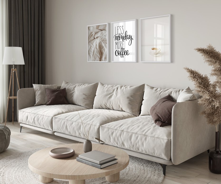 Zestaw obrazy w ramie 40x50 galeria - Kawa, łóżko, pościel, minimalizm - rama biała