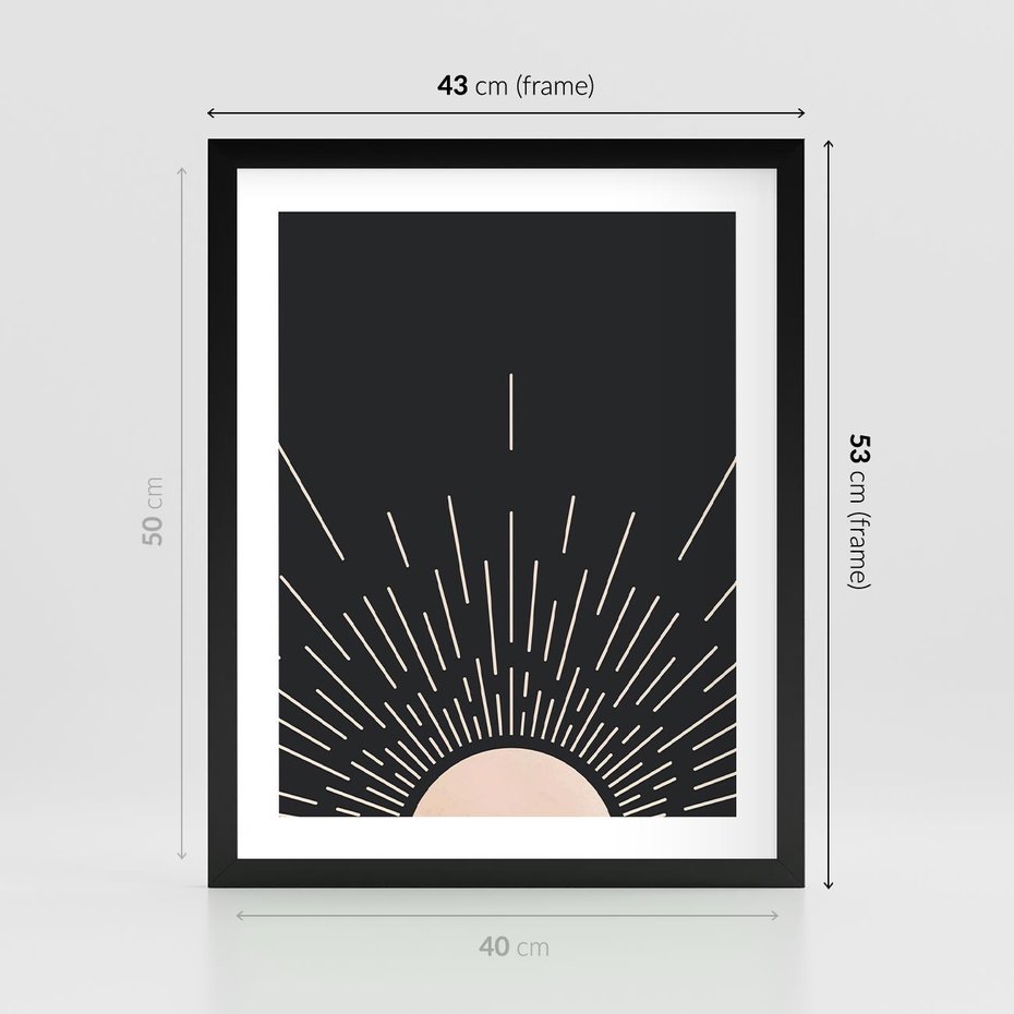 Plakat w ramie 40x50 - Słoneczny Portret Duszy - boho czarne słońce, nowoczesna grafika - rama czarna