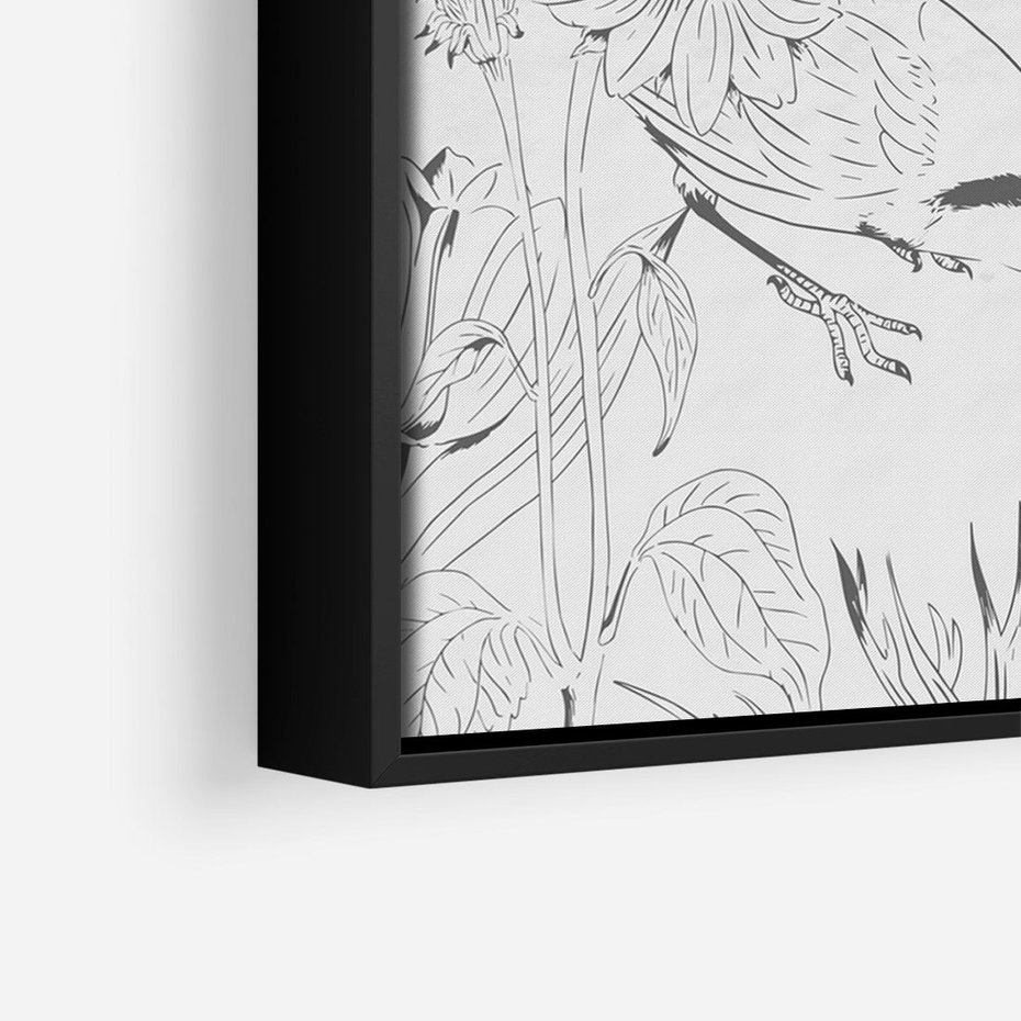 Obraz w ramie 50x70 - Tropiki w Monochromie - czarno biały szkic, tropikalne ptaki - rama czarna