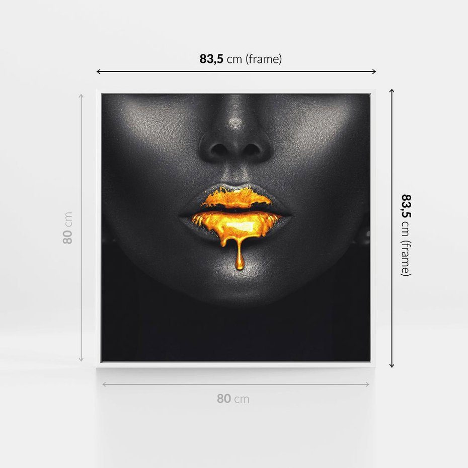 Obraz w ramie 80x80 - Złote Usta Kobiety - złote, usta - rama biała
