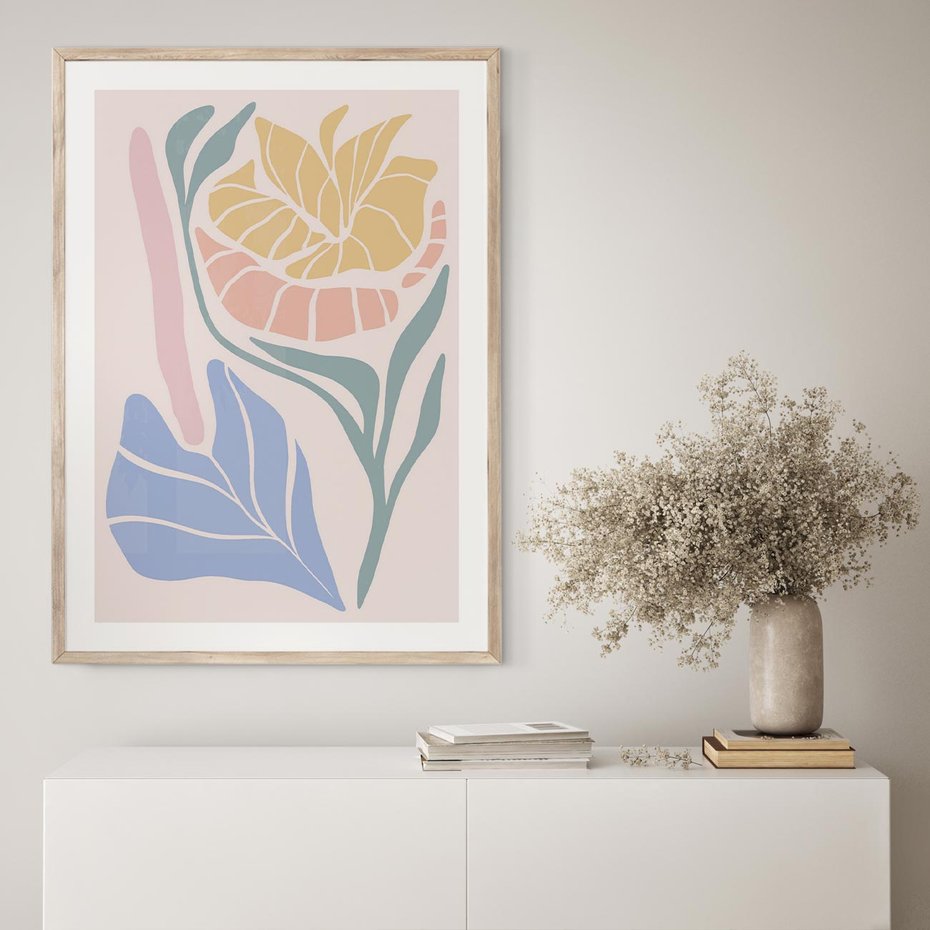Plakat w ramie 30x40 - Kwiatowe Granice Kształtów - nowoczesny plakat, kwiaty w pastelowych kolorach - rama drewno