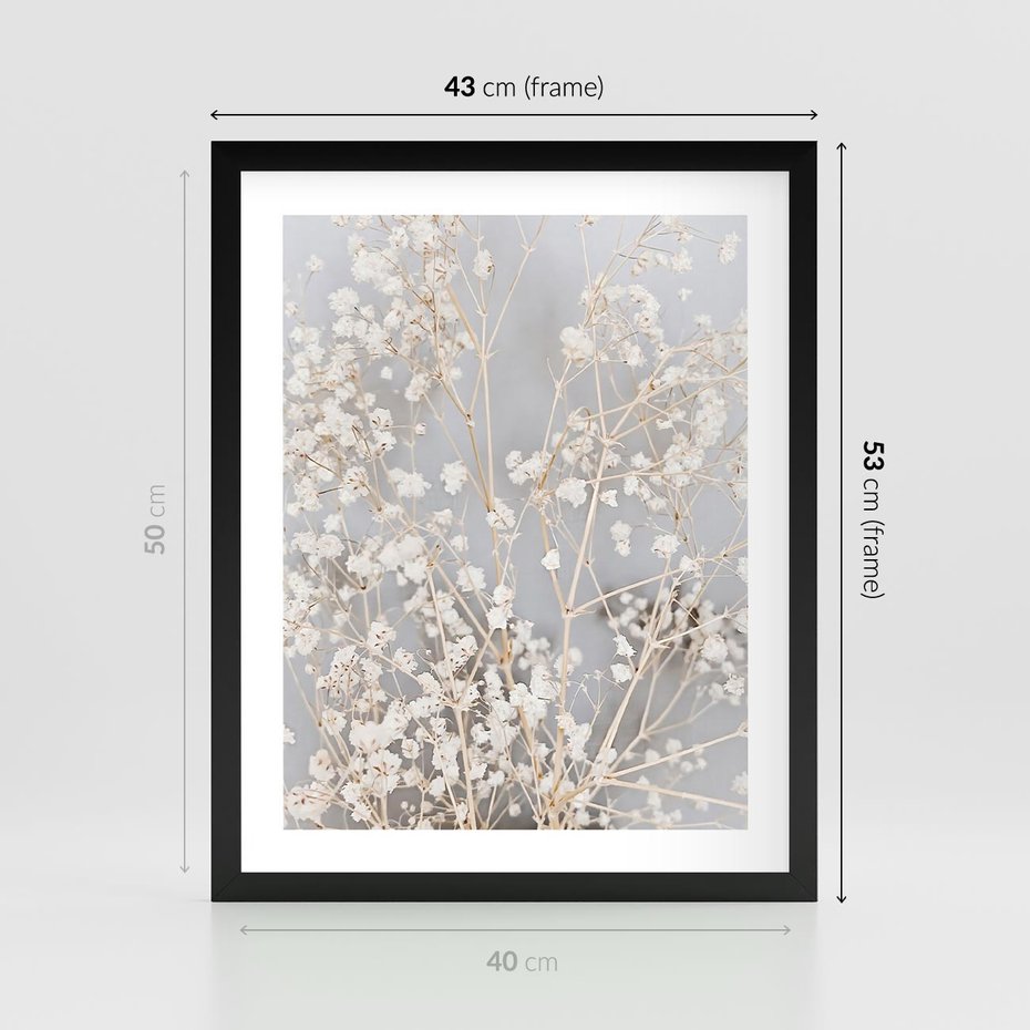Plakat w ramie 40x50 - Białe Drobne Kwiaty - gipsówka, białe drobne kwiatki - rama czarna