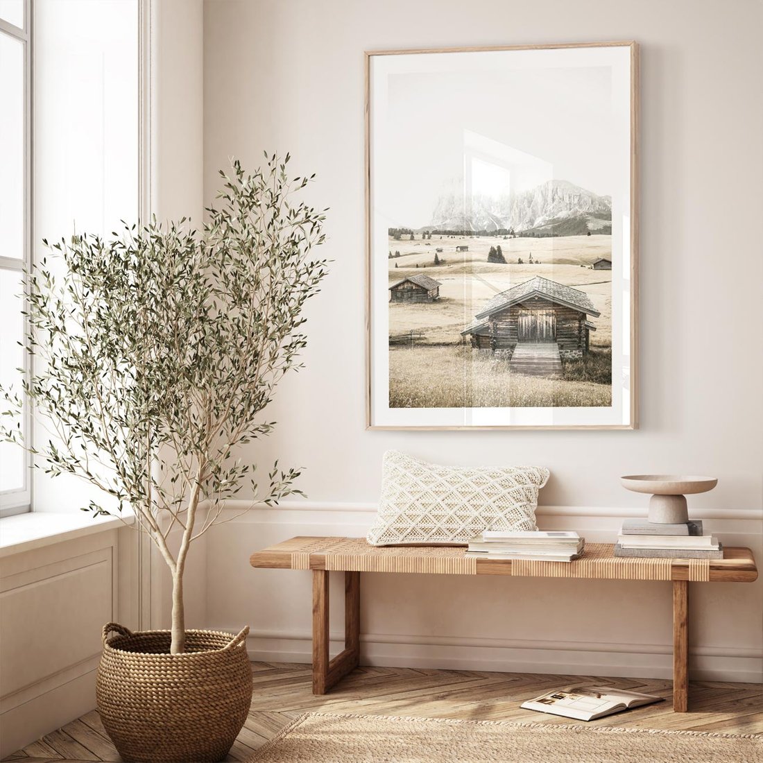 Plakat w ramie 50x70 - Chatka w Górskiej Sepii - domek w górach, chatka - rama drewno