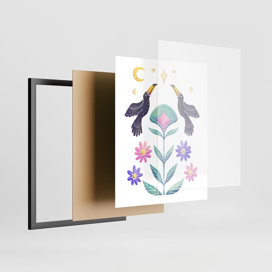 Plakat w ramie 40x50 - Przenikająca Dżungla - boho plakat, tukany - rama czarna