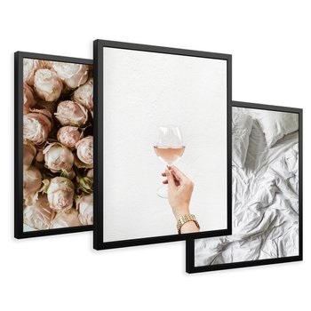 Zestaw obrazy w ramie 50x70 galeria - Kwiaty, wino, pościel, kobiece - rama czarna