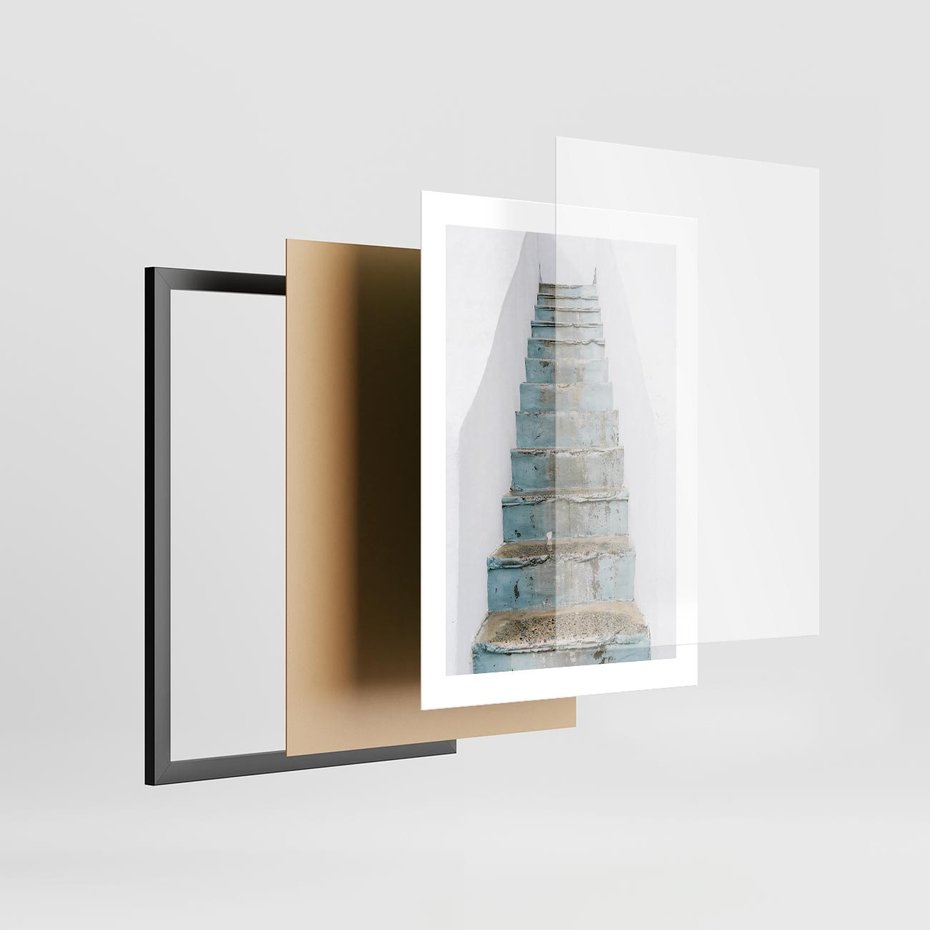 Plakat w ramie 30x40 - Niebieskie Schody Santorini - stare kamienne schody, niebieskie schody - rama czarna