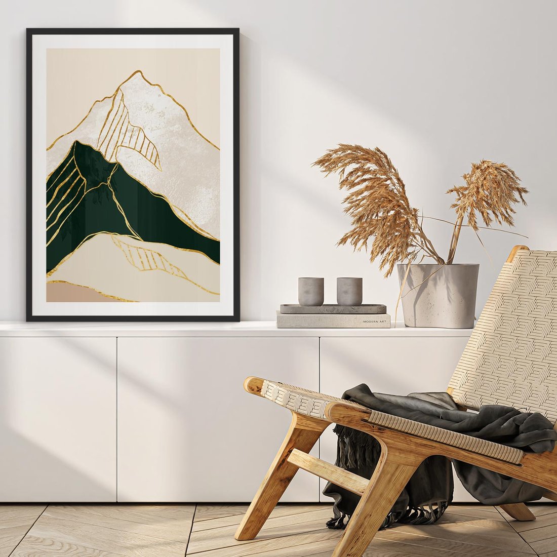 Plakat w ramie 40x50 - Minimalistyczne Góry: Złota Sztuka Natury - minimalistyczna grafika, góry - rama czarna