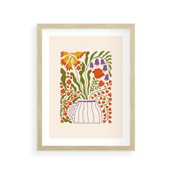 Plakat w ramie 50x70 - Świeżość Kwiatów - kwiaty w wazonie, minimalistyczna kompozycja - rama drewno