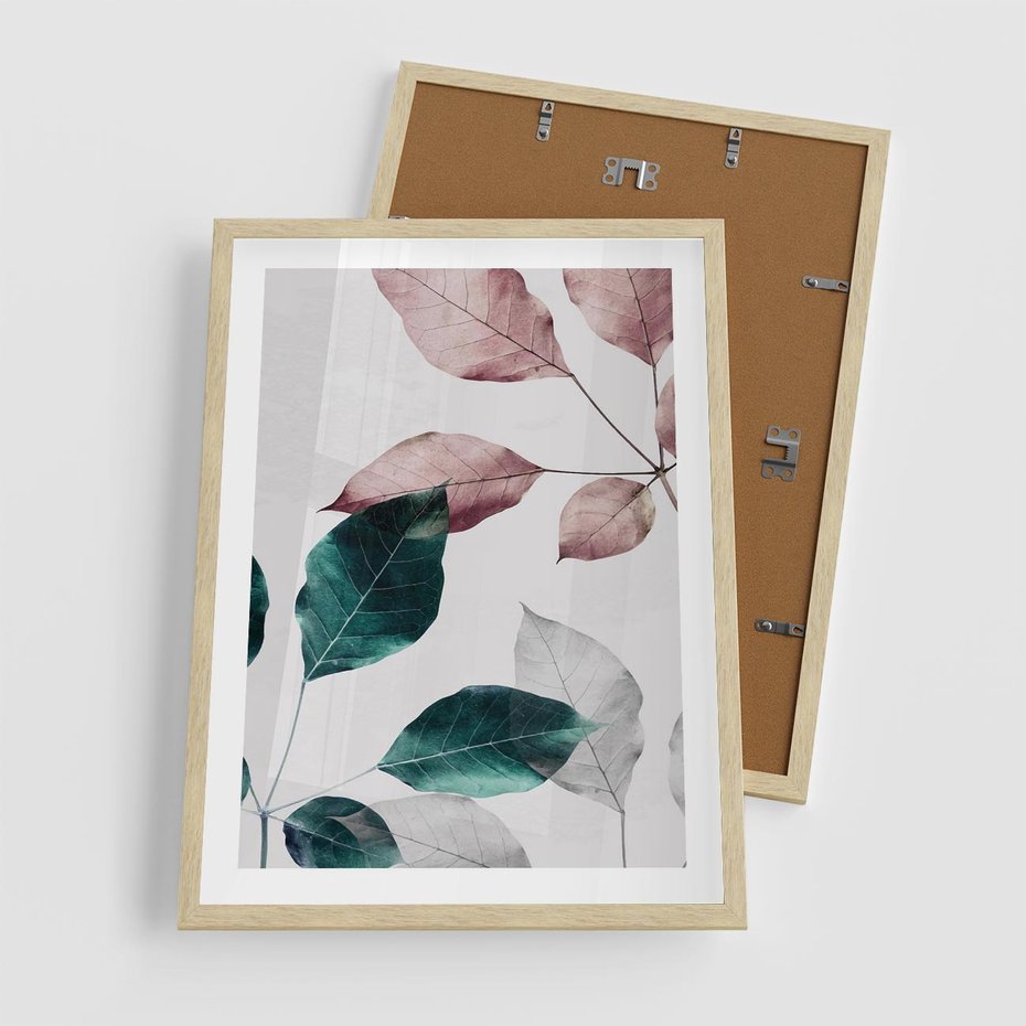 Plakat w ramie 50x70 - Pastelowe Liście w Minimalizmie - pastelowe liście, minimalistyczny obraz - rama drewno