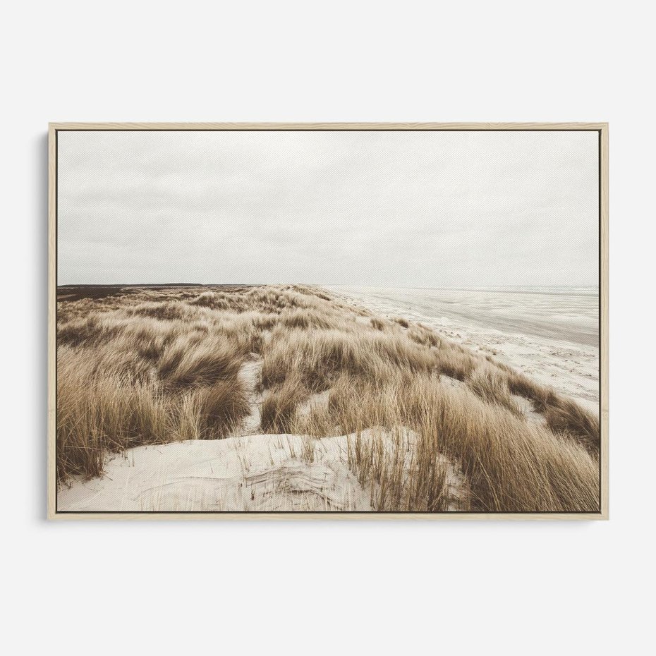 Obraz w ramie 120x80 - Nadmorskie Wydmy - fotografia, kolory sepii - rama drewno