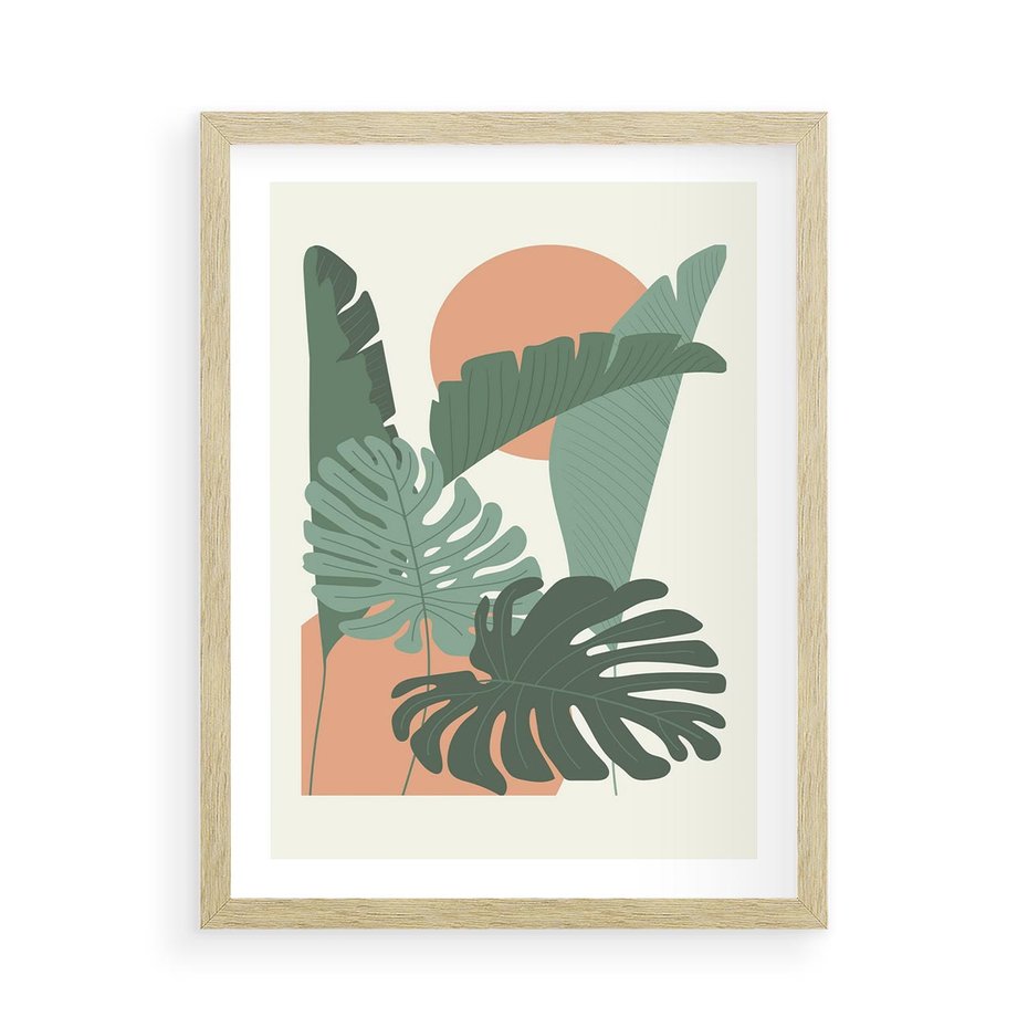 Plakat w ramie 50x70 - Abstrakcyjne Tropiki - liście, rośliny tropikalne w graficznym stylu - rama drewno