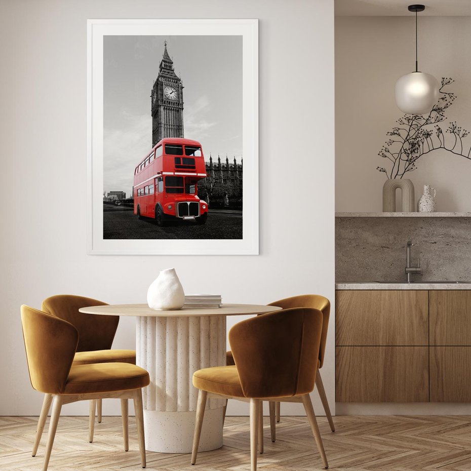 Plakat w ramie 30x40 - Autobusy w tętniącym życiem Londynie - Londyn, autobus - rama biała