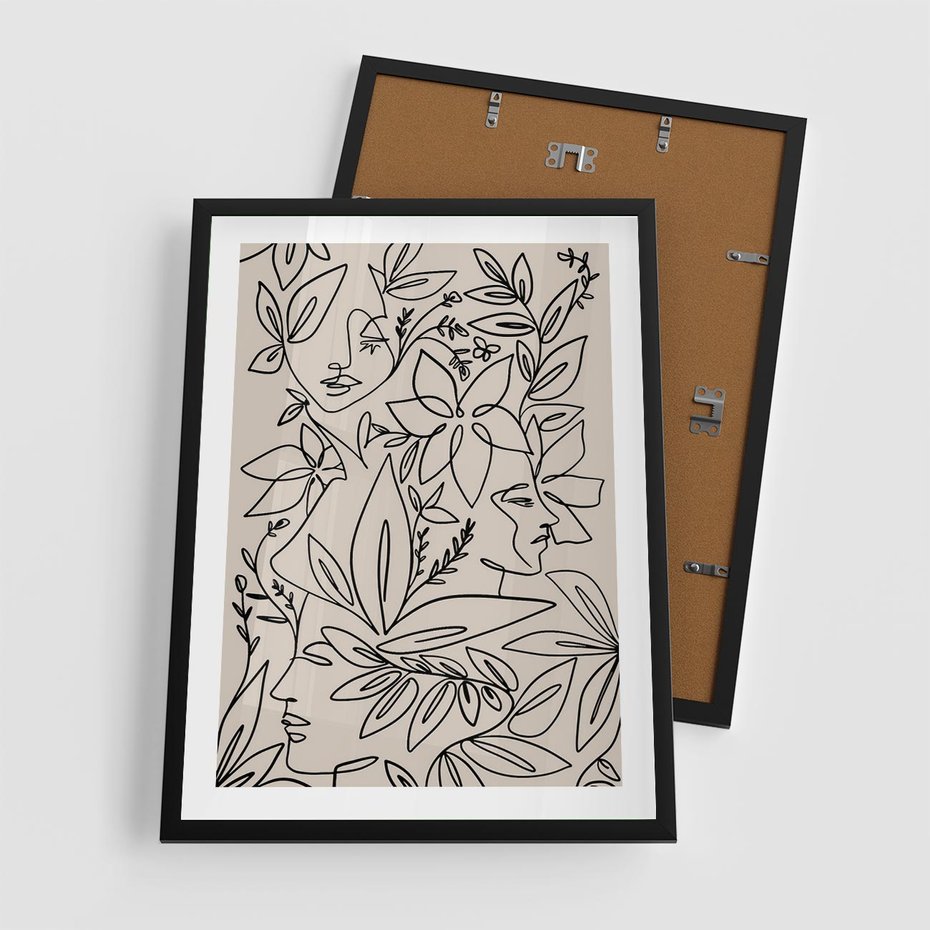 Plakat w ramie 50x70 - Kobiecy Portret Duszy - beżowe tło, czarny szkic nowoczesnych kwiatów - rama czarna