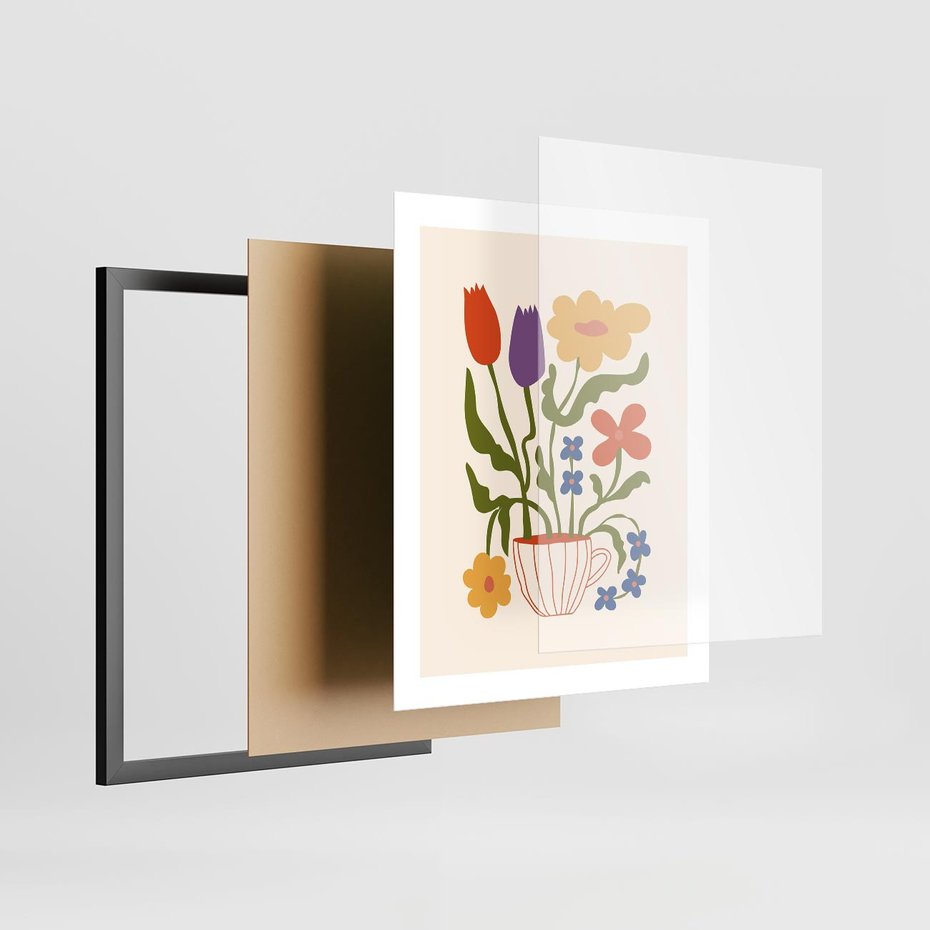 Plakat w ramie 40x50 - Kolorowe Granice - kwiaty w filizance, abstrakcja - rama czarna