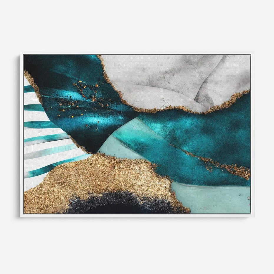 Obraz w ramie 100x70 - Rozlane Turkusy - Turkusowe plamy, złote elementy - rama biała