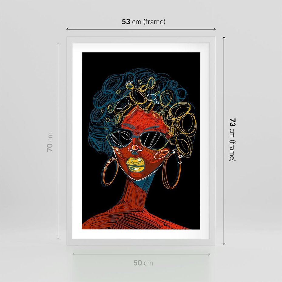 Plakat w ramie 50x70 - Kolorowe Wibracje Rzeczywistości - abstrakcyjny portret kobiety, twarz - rama biała