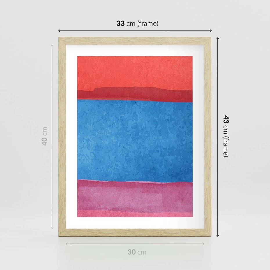 Plakat w ramie 30x40 - Migocące Formy - kolorowe akwarelowe pasy, odcienie czerwień - rama drewno