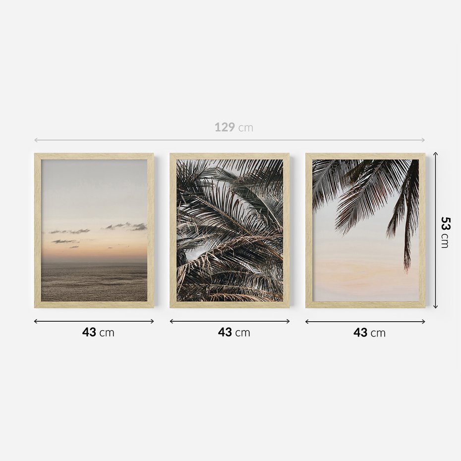 Zestaw obrazy w ramie 40x50 galeria - Palmy, plaża, zachód, słońca - rama drewno