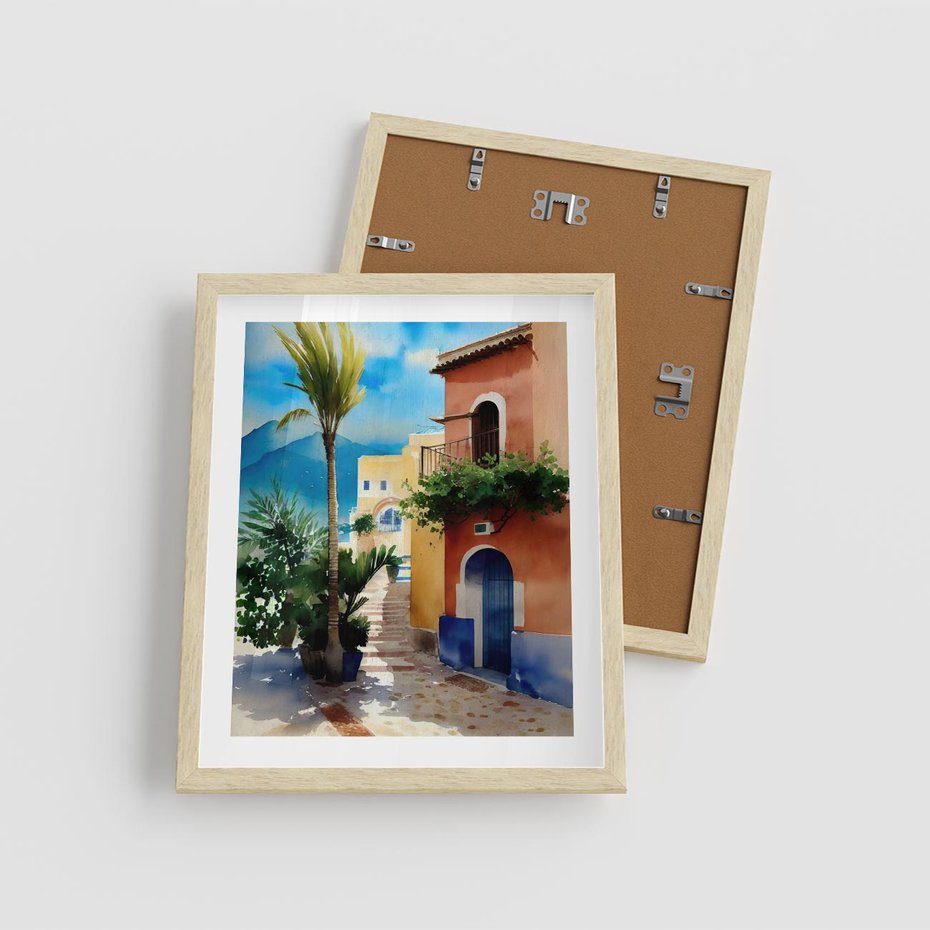 Plakat w ramie 40x50 - Spokój Miasta nad Morzem - akwarela, sródziemnomorski klimat - rama drewno