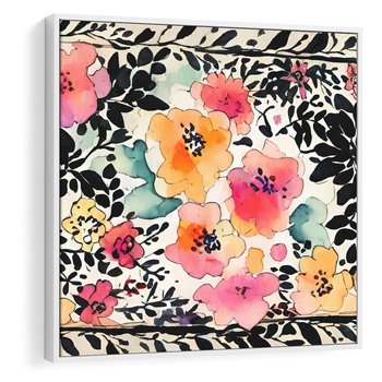 Obraz w ramie 50x50 - Opowieść w kroplach farb - akwarelowe kwiaty, mocna ornamentowa czarna ramka namalowana dookoła obrazu - rama biała