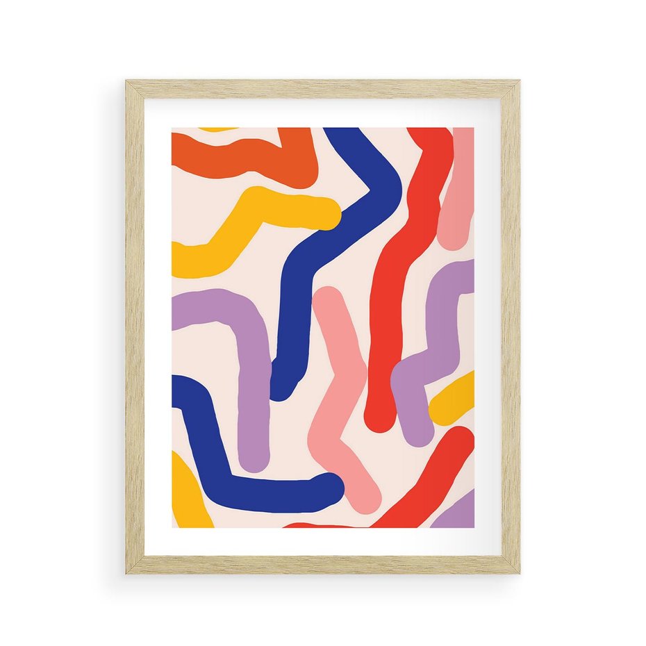Plakat w ramie 40x50 - Abstrakcyjne Dialogi - abstrakcyjny kolorowy obraz, kolorowe linie - rama drewno