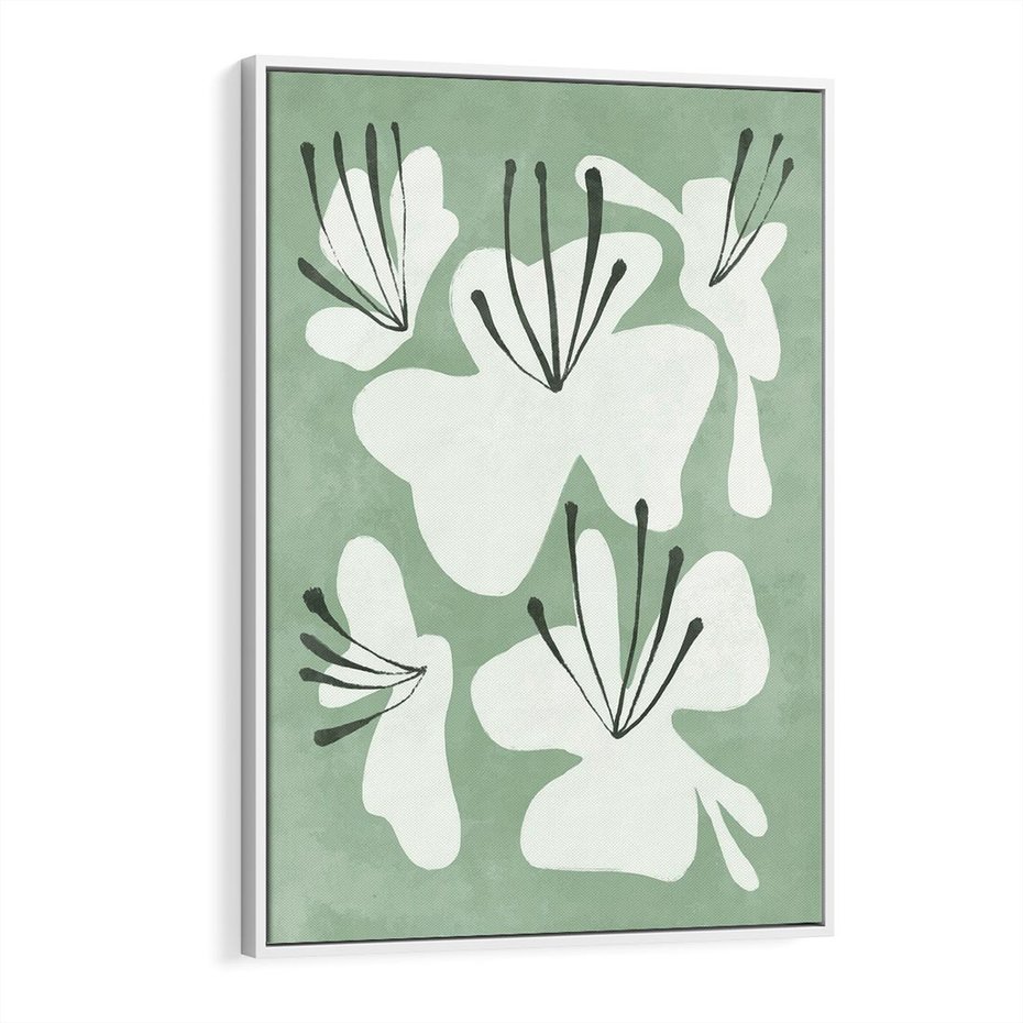 Obraz w ramie 70x100 - Rozkwitające Ukojenie - zgaszona zieleń, kwiaty - rama biała