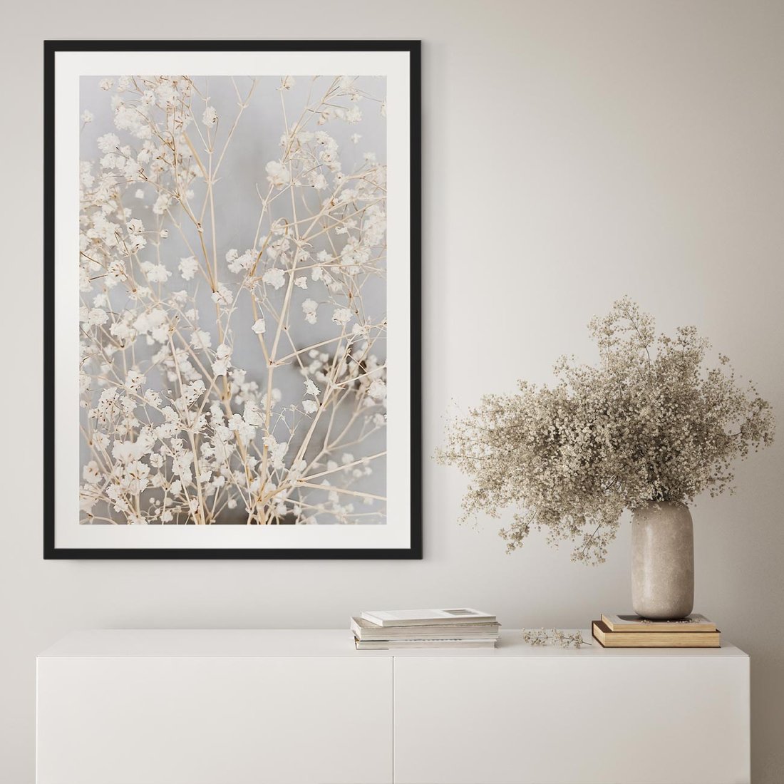Plakat w ramie 50x70 - Białe Drobne Kwiaty - gipsówka, białe drobne kwiatki - rama czarna