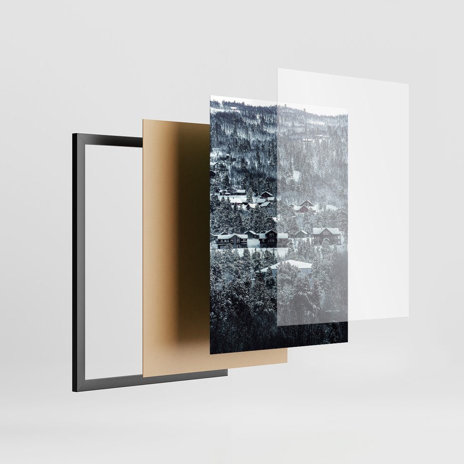 Zestaw obrazy w ramie 50x70 galeria - Norweskie, domki, góry, zima - rama czarna
